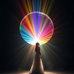 A titanic ball of heavenly rainbow light floating majestically in a dark, shadowy chamber