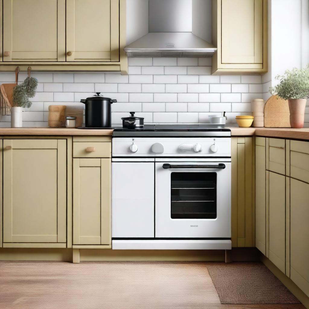 Frontal view of a traditional kitchen with a stove and a light wooden table for placing appliances.