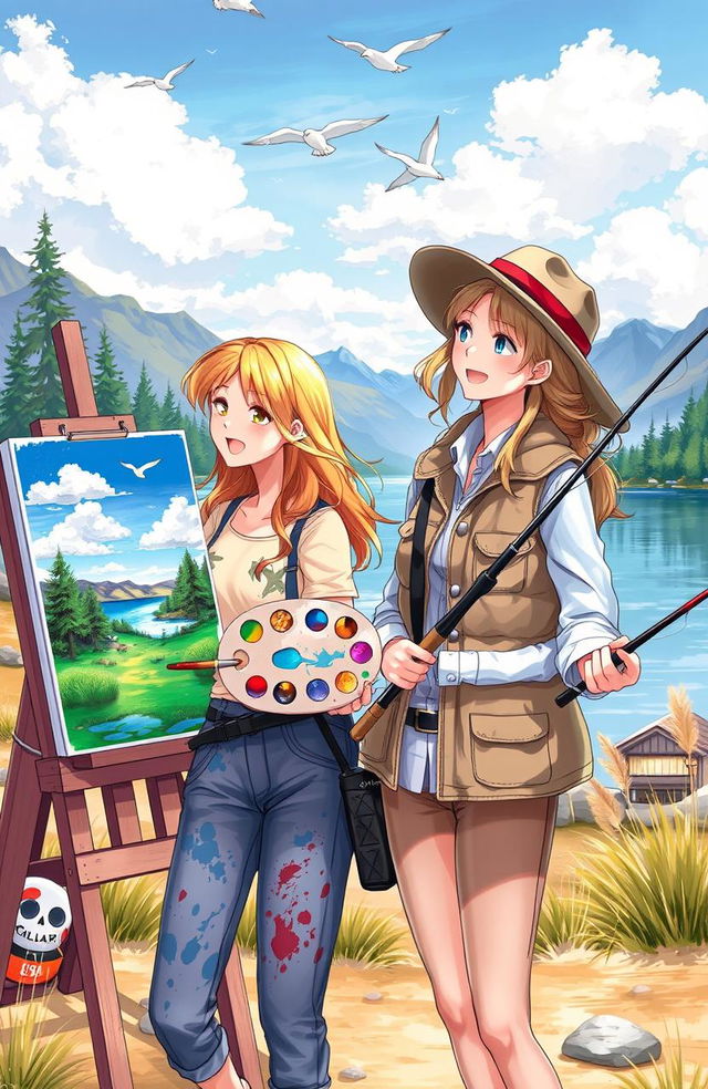 A vibrant scene depicting two female friends in an outdoor setting