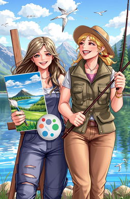 A vibrant scene depicting two female friends in an outdoor setting