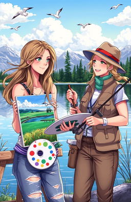 A vibrant scene depicting two female friends in an outdoor setting