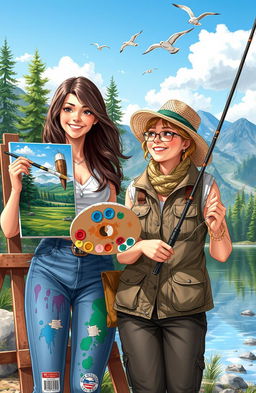 A vibrant scene depicting two female friends in an outdoor setting