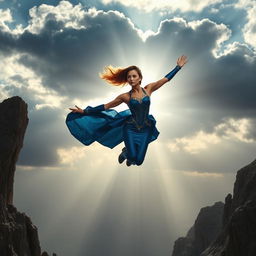 A powerful woman dressed in a stunning blue armor-like dress, soaring gracefully over a rugged rocky landscape
