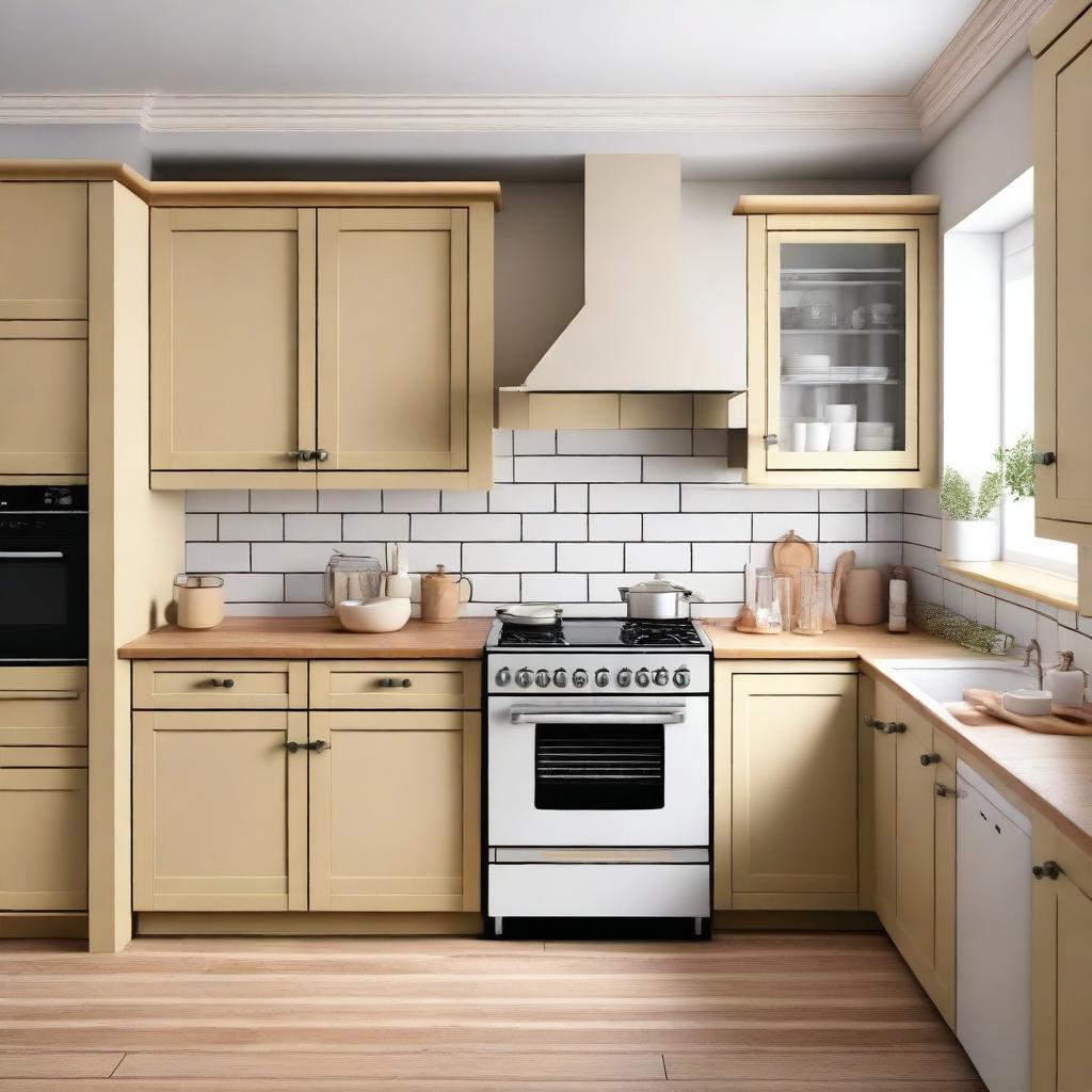 Frontal view of a traditional kitchen with a stove and a light wooden table for placing appliances.