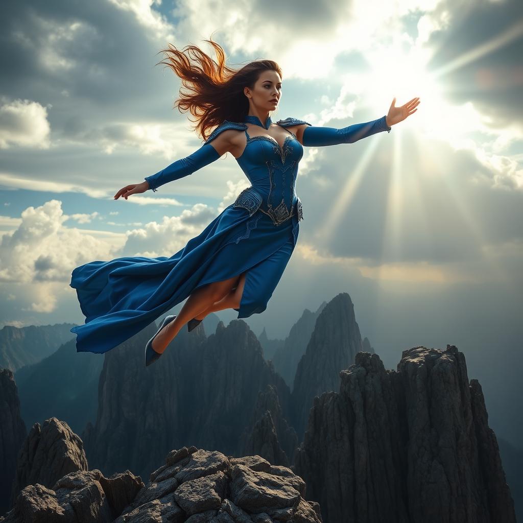 A powerful woman dressed in a stunning blue armor-like dress, soaring gracefully over a rugged rocky landscape