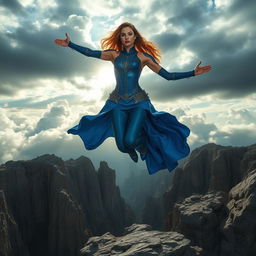A powerful woman dressed in a stunning blue armor-like dress, soaring gracefully over a rugged rocky landscape