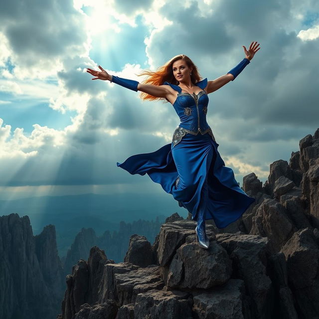 A powerful woman dressed in a stunning blue armor-like dress, soaring gracefully over a rugged rocky landscape