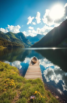 A serene and picturesque landscape featuring a calm lake surrounded by lush green mountains under a bright blue sky with fluffy white clouds