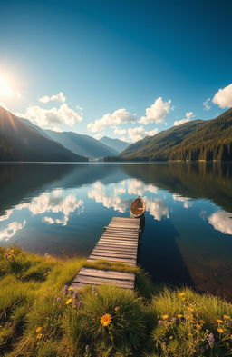 A serene and picturesque landscape featuring a calm lake surrounded by lush green mountains under a bright blue sky with fluffy white clouds