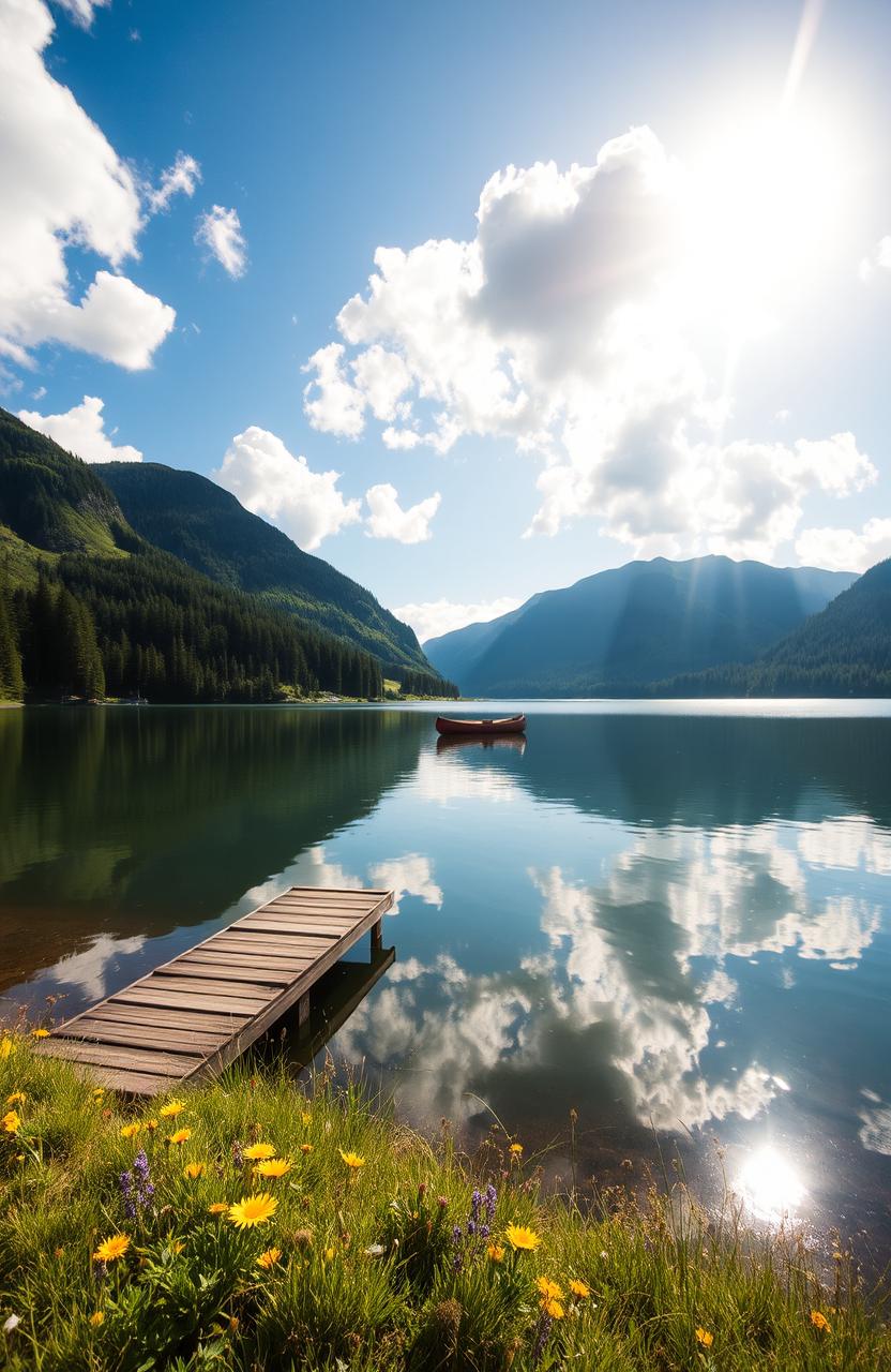 A serene and picturesque landscape featuring a calm lake surrounded by lush green mountains under a bright blue sky with fluffy white clouds