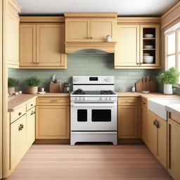 Frontal view of a traditional kitchen with a stove and a light wooden table for placing appliances.