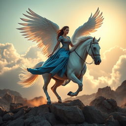 A stunning scene of a woman wearing a blue armor-like dress, elegantly flowing as she rides a majestic white winged horse
