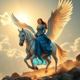 A stunning scene of a woman wearing a blue armor-like dress, elegantly flowing as she rides a majestic white winged horse