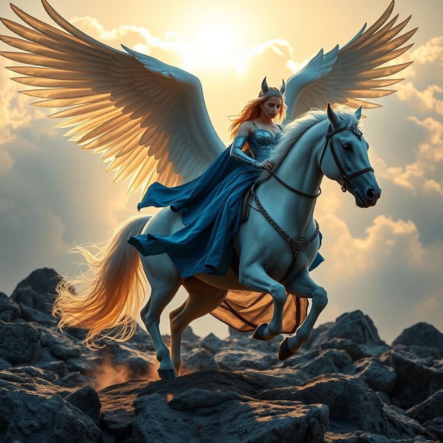 A stunning scene of a woman wearing a blue armor-like dress, elegantly flowing as she rides a majestic white winged horse