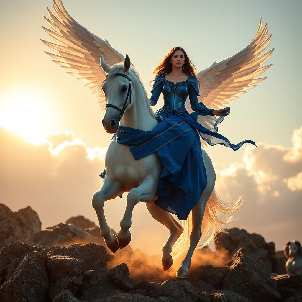 A stunning scene of a woman wearing a blue armor-like dress, elegantly flowing as she rides a majestic white winged horse