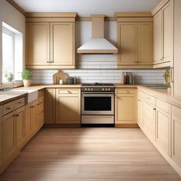 Frontal view of a traditional kitchen with a stove and a light wooden table for placing appliances.