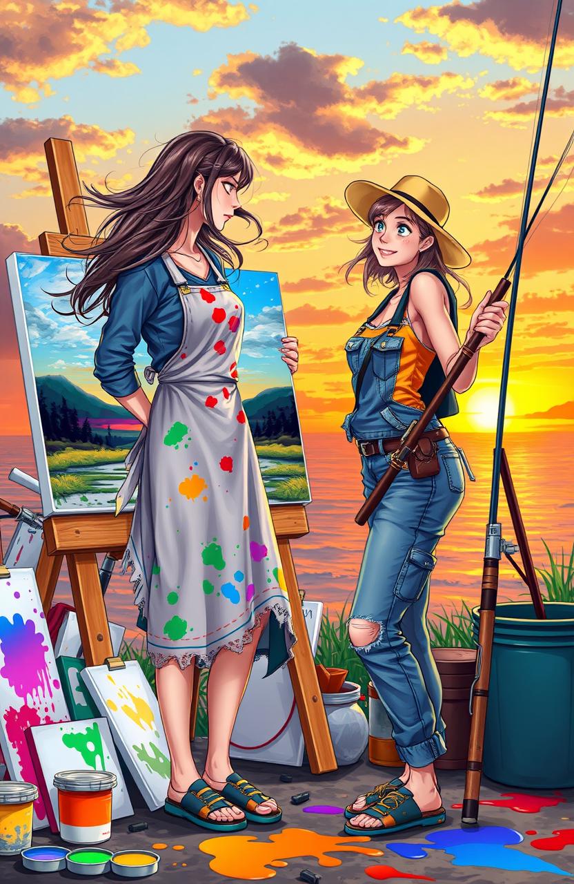 Two female friends in a vibrant, artistic setting, emphasizing their contrasting professions