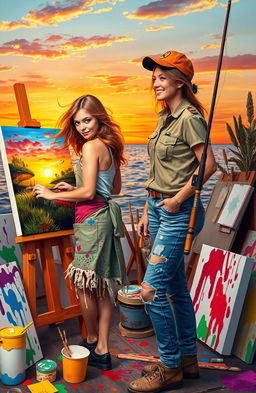 Two female friends in a vibrant, artistic setting, emphasizing their contrasting professions