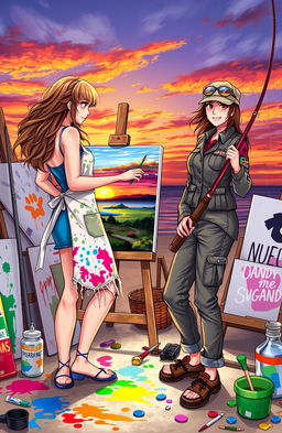 Two female friends in a vibrant, artistic setting, emphasizing their contrasting professions