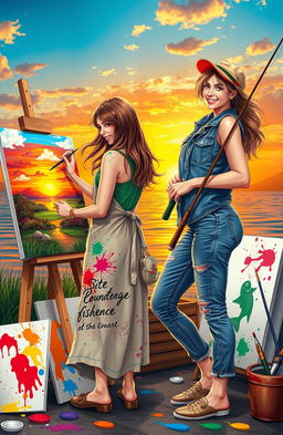 Two female friends in a vibrant, artistic setting, emphasizing their contrasting professions