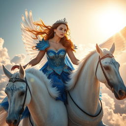 A stunning image of a woman wearing a brilliant blue armor-like dress adorned with intricate designs, complemented by a shimmering tiara on her head