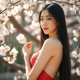 A beautiful Korean woman with long black hair, standing gracefully in an elegant pose, surrounded by blooming cherry blossoms