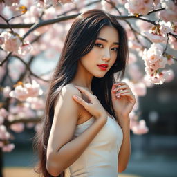 A beautiful Korean woman with long black hair, standing gracefully in an elegant pose, surrounded by blooming cherry blossoms