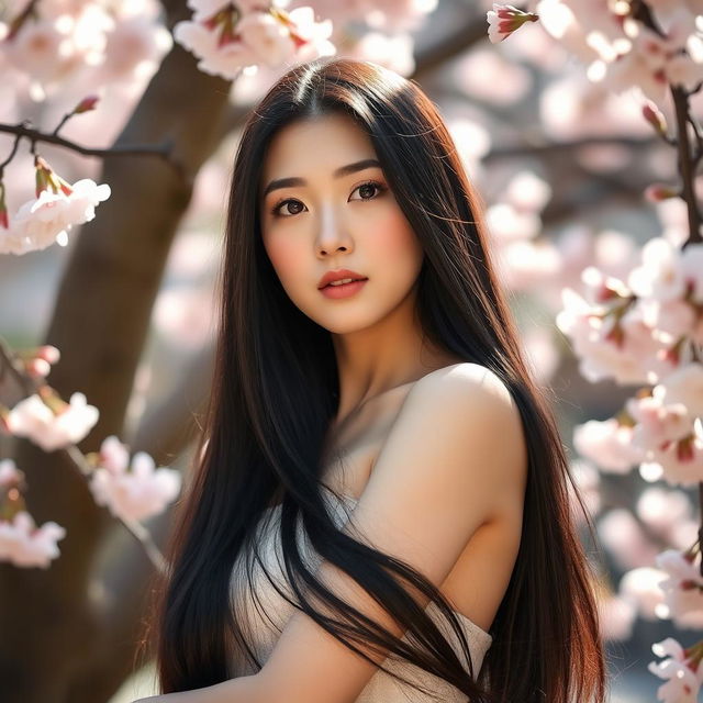 A beautiful Korean woman with long black hair, standing gracefully in an elegant pose, surrounded by blooming cherry blossoms