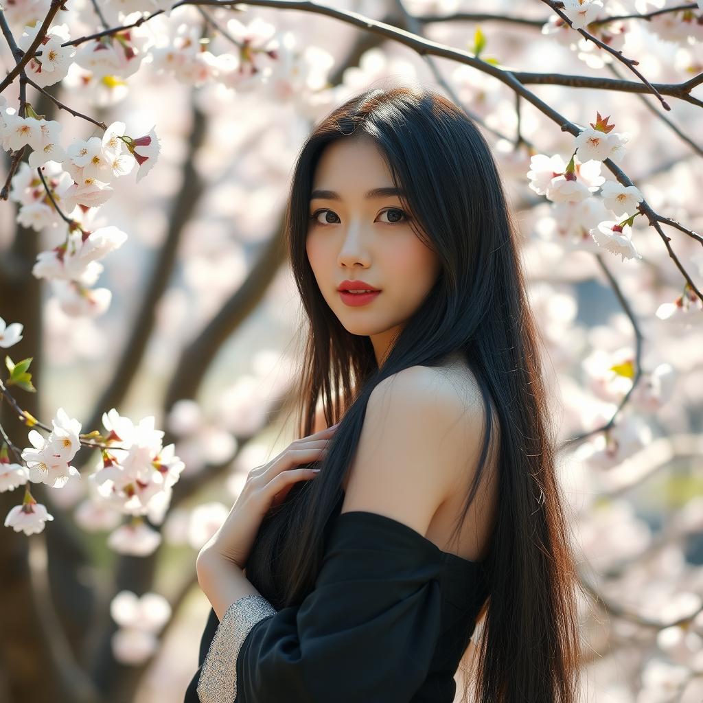 A beautiful Korean woman with long black hair, standing gracefully in an elegant pose, surrounded by blooming cherry blossoms