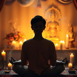 A serene and peaceful scene depicting an individual engaged in a devotional practice, surrounded by soft candlelight and the warm glow of incense