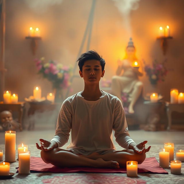 A serene and peaceful scene depicting an individual engaged in a devotional practice, surrounded by soft candlelight and the warm glow of incense