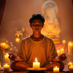 A serene and peaceful scene depicting an individual engaged in a devotional practice, surrounded by soft candlelight and the warm glow of incense