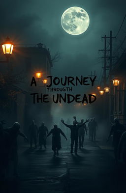 A dark, eerie street lined with an abandoned laboratory on one side, illuminated by flickering streetlights