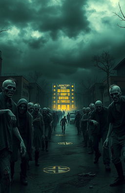 A desolate street filled with various types of zombies, some in tattered clothing, with gruesome facial features and decaying body parts, moaning and staggering towards the viewer