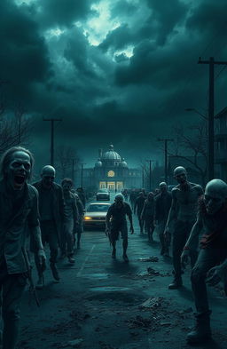 A desolate street filled with various types of zombies, some in tattered clothing, with gruesome facial features and decaying body parts, moaning and staggering towards the viewer