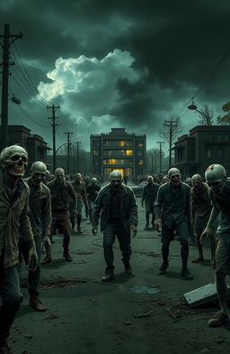 A desolate street filled with various types of zombies, some in tattered clothing, with gruesome facial features and decaying body parts, moaning and staggering towards the viewer