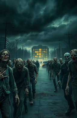A desolate street filled with various types of zombies, some in tattered clothing, with gruesome facial features and decaying body parts, moaning and staggering towards the viewer
