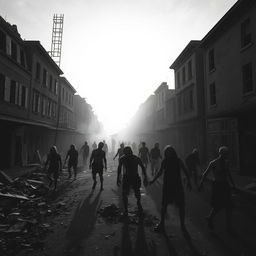 A desolate town in a zombie apocalypse setting, rendered in striking black and white
