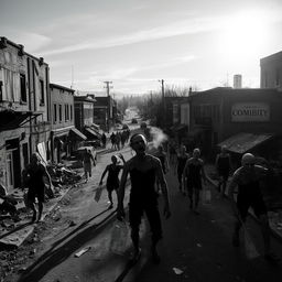A desolate town in a zombie apocalypse setting, rendered in striking black and white