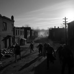 A desolate town in a zombie apocalypse setting, rendered in striking black and white