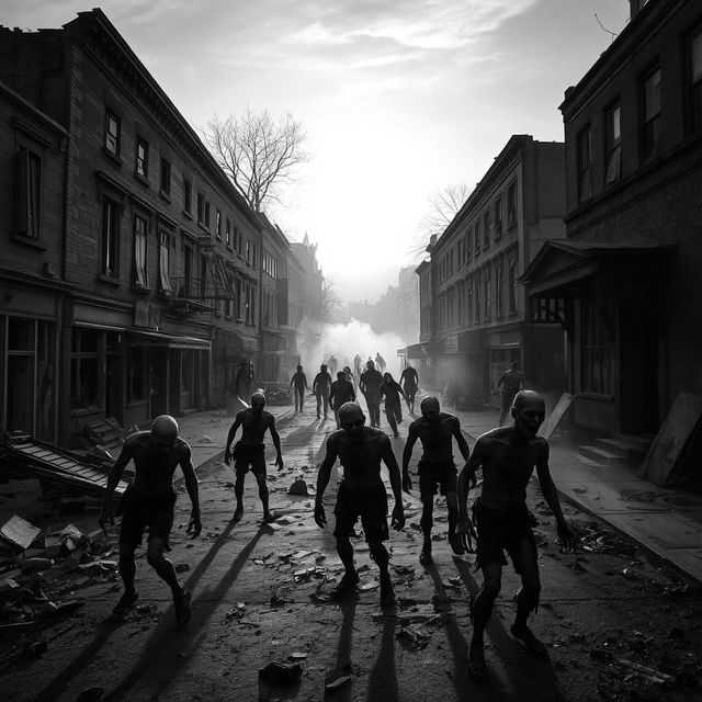 A desolate town in a zombie apocalypse setting, rendered in striking black and white