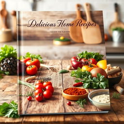 A beautifully designed cookbook cover featuring a rustic wooden kitchen table adorned with an assortment of fresh vegetables, herbs, and spices
