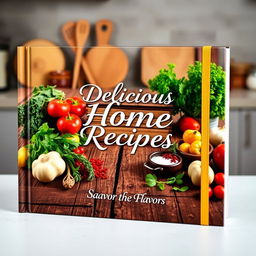A beautifully designed cookbook cover featuring a rustic wooden kitchen table adorned with an assortment of fresh vegetables, herbs, and spices