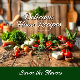 A beautifully designed cookbook cover featuring a rustic wooden kitchen table adorned with an assortment of fresh vegetables, herbs, and spices