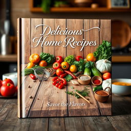 A beautifully designed cookbook cover featuring a rustic wooden kitchen table adorned with an assortment of fresh vegetables, herbs, and spices