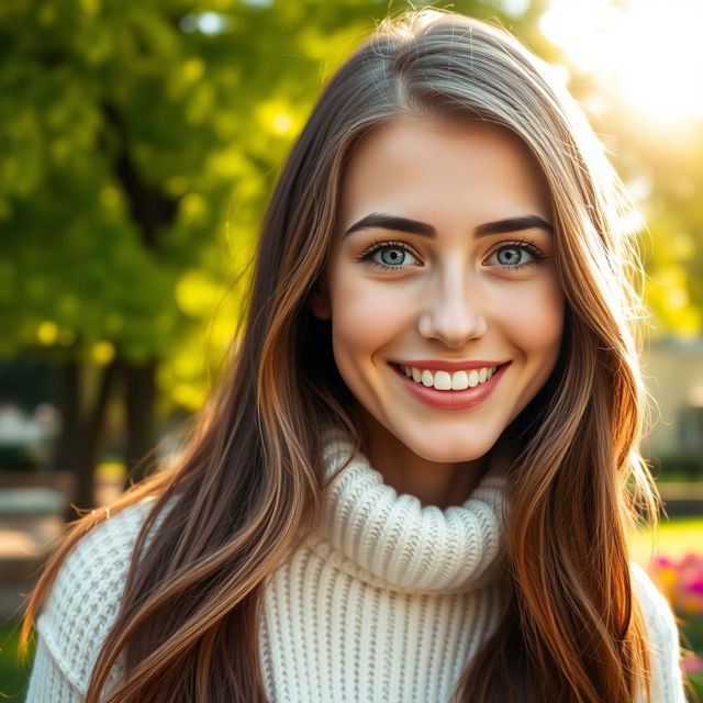 A stunningly realistic close-up portrait of a joyful young woman with long, flowing brunette hair and bright blue eyes