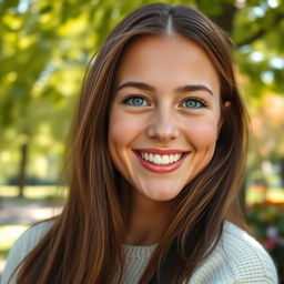 A stunningly realistic close-up portrait of a joyful young woman with long, flowing brunette hair and bright blue eyes