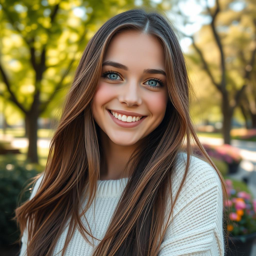 A stunningly realistic close-up portrait of a joyful young woman with long, flowing brunette hair and bright blue eyes