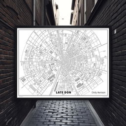 A detailed city map displayed in a narrow street alley, rendered in black and white