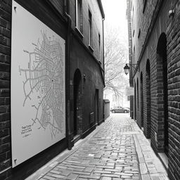 A detailed city map displayed in a narrow street alley, rendered in black and white